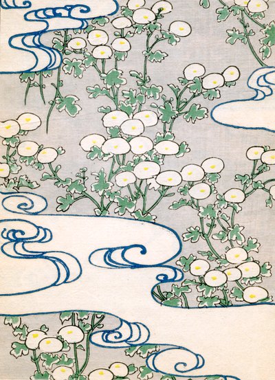 Farbholzschnitt von blühenden Reben und Wellenmuster von Japanese School