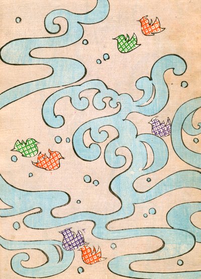 Farbholzschnitt von stilisierten Vögeln, die über Wasser fliegen von Japanese School