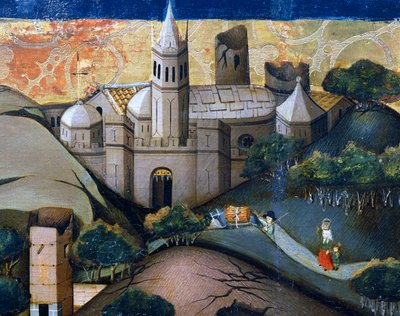 Landschaft mit der Bischofskirche, Detail aus der Flucht nach Ägypten, Altarbild aus Verdu von Jaume Ferrer