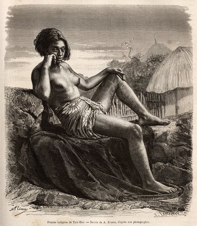 Eingeborene Frau von Taio-Hae (oder Taio Hae), im Archipel der Marquesas, zeigt lässig ihre tätowierten Beine, Gravur nach einer Zeichnung von A. Rixens, die die Erinnerungen des Pazifiks, 1872-1874, von A. Pailhes, einem Schiffssignal, illustriert, veröff von Jean Andre Rixens