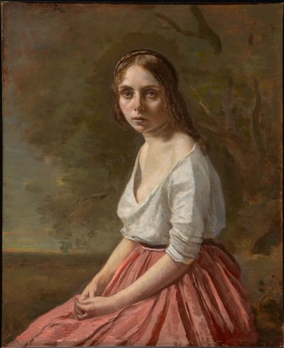 Junge Frau in einem rosa Rock von Jean-Baptiste-Camille Corot