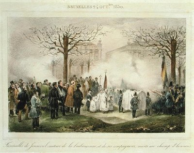 Das Begräbnis von Louis-Alexandre Dechet (Jenneval) (1801-30) und seiner Gefährten, die auf dem Feld der Ehre starben, 24. Oktober 1830, graviert von Dewasme-Pletinckx von Jean Baptiste (after) Madou