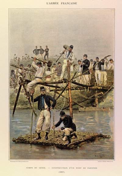 Typen und Uniformen der französischen Armee von Hauptmann Jules Richard, illustriert von Edouard Detaille: Pionierkorps; Bau einer Faschinenbrücke 1887, Private Sammlung von Jean Baptiste Edouard Detaille