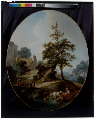 Landschaft mit einem Jungen und einer Schäferin mit Kühen und Schafen von Jean Baptiste Huet