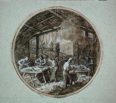Die Werkstatt der Holzschuhmacher, Plattendesign für ein Service, das verschiedene Berufe darstellt, ca. 1820-35 von Jean Charles Develly