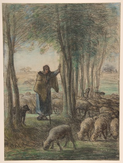 Eine Schäferin und ihre Herde im Schatten der Bäume von Jean-Francois Millet