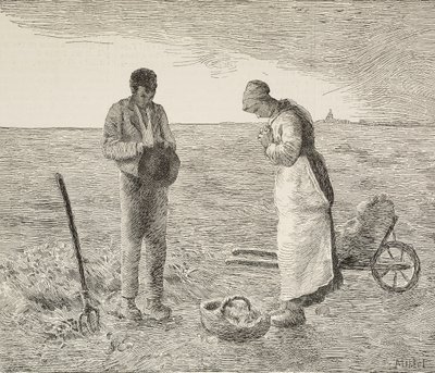 Angelus, Bauernpaar auf Feldern, Gravur nach einem Gemälde von Jean-Francois Millet, aus L