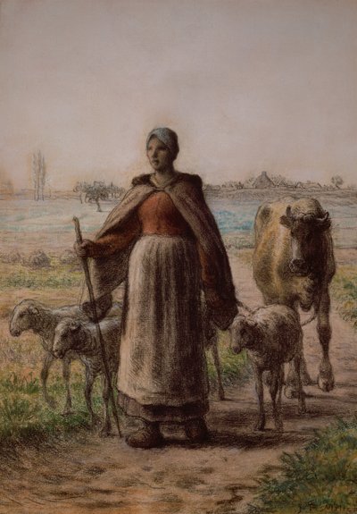 Bäuerin führt ihre Kuh und Schafe auf die Felder von Jean Francois Millet