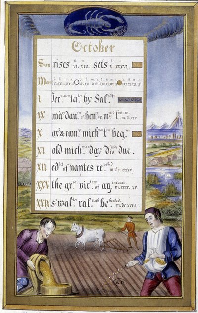 Oktober: Pflügen und Säen, Zeichen des Skorpions - in „Book of hours of Anne of Brittany“ von Jean Bourdichon von Jean (after) Bourdichon