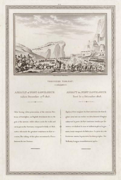Eroberung des Forts von Gawilghur durch die Briten unter dem Kommando von Arthur Wellesley, Zweiter Anglo-Maratha-Krieg, Indien von Jean (after) Duplessi Bertaux