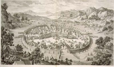 Tchao-Hoei beschäftigt seine Truppen mit Übungen und Militärspielen im Jahr 1758, Tafel 5 aus einer Serie von Drucken, die die Eroberungen von Qianlong, dem Kaiser von China, darstellen, graviert von Pierre Philippe Choffard 1772 von Jean (d.1781) (after) Damascene