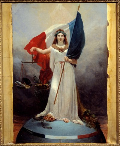 Symbolische Figur der Republik. Allegorie, die die Republik als Frau mit einem Lorbeerkranz, Symbol des Friedens, darstellt, die eine Waage, Symbol der Gerechtigkeit, und die Trikolore hält. Unter ihrem Fuß die Krone der zerschlagenen Monarchie und die geb von Jean Alphonse Roehn
