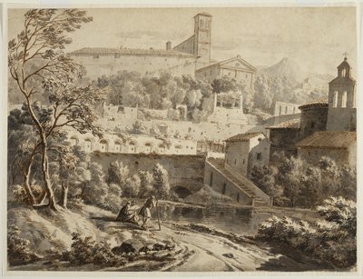 Ein Künstler skizziert an einem Flussufer, unterhalb einer italienischen Stadt, um 1780 von Jean Antoine Constantin