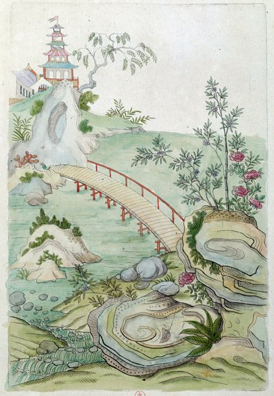 Zeichnung von einer chinesischen Vase: Landschaft mit Brücke von Jean Antoine Fraisse