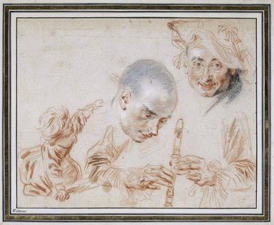 Kauerndes Kind, zwei männliche Köpfe, einer mit Barett, Arme und Hände eines Flötenspielers von Jean Antoine Watteau