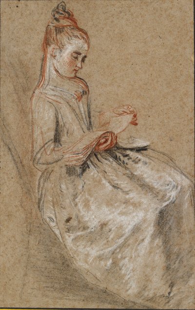 Mädchen sitzt mit einem Musikbuch auf dem Schoß von Jean Antoine Watteau