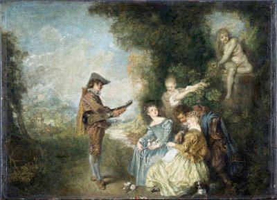 Die Liebeslektion (galante Szene in einem Garten mit Statue und Musiker) von Jean Antoine Watteau