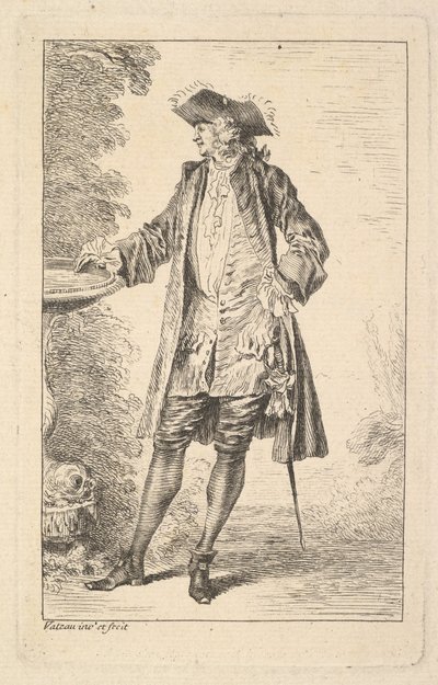 Stehender Mann mit seiner rechten Hand auf einem Becken ruhend, in Dreiviertelansicht, ca. 1710 von Jean Antoine Watteau