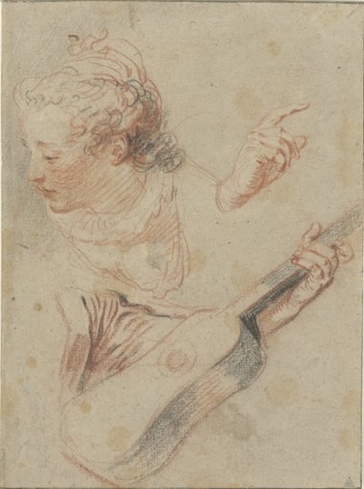 Studienblatt mit einem nach unten blickenden Mädchenkopf, einer Gitarre und den Händen, die sie spielen von Jean Antoine Watteau