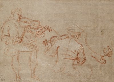 Studie von zwei Geigern und einem Paar Hände, die einen Arm halten, rechts, um 1716 von Jean Antoine Watteau
