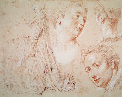 Drei Köpfe und eine sitzende Frau, ca. 1716 von Jean Antoine Watteau