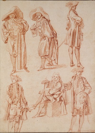 Zwei Studien des Arztes in der italienischen Komödie und vier Offiziere, 18. Jahrhundert von Jean Antoine Watteau