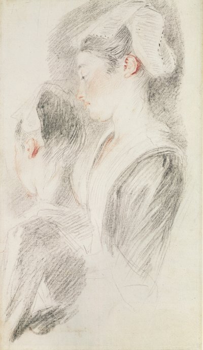 Zwei Studien einer Frau, drei Viertel von hinten, eine im Profil von Jean Antoine Watteau
