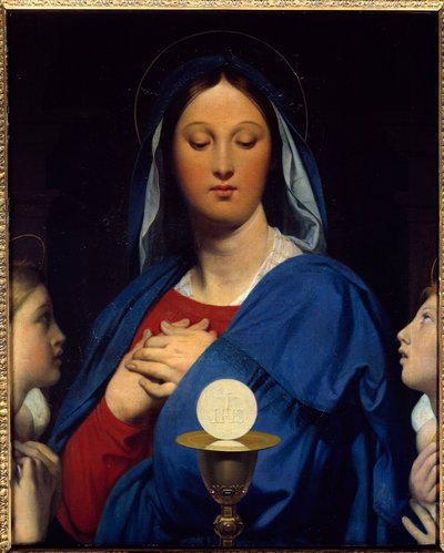 Die Jungfrau hat die Hostie. Symbole der Kommunion: Objekt der Eucharistie (die Hostie als Leib Christi und der Wein des Kelches als sein Blut). Gemälde von Jean Auguste Dominique Ingres (1780-1867) von Jean Auguste Dominique Ingres