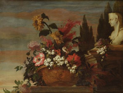 Blumen in einem Becken und eine Sphinx von Jean Baptiste Belin de Fontenay