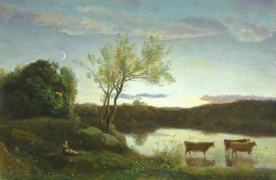 Ein Teich mit drei Kühen und einem Halbmond, um 1850 von Jean Baptiste Camille Corot
