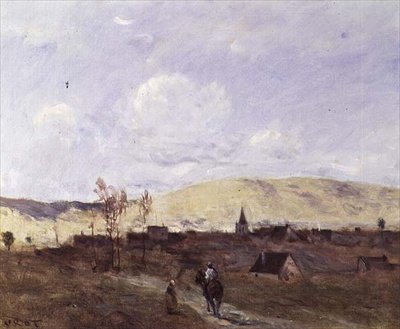 Kavalier in Sicht eines Dorfes von Jean Baptiste Camille Corot