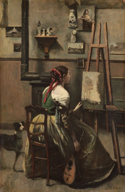 Corots Atelier: Frau sitzt vor einer Staffelei, eine Mandoline in der Hand von Jean Baptiste Camille Corot
