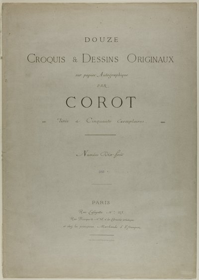 Umschlag und Text für Album Douze Croquis et Dessins Originaux von Jean Baptiste Camille Corot
