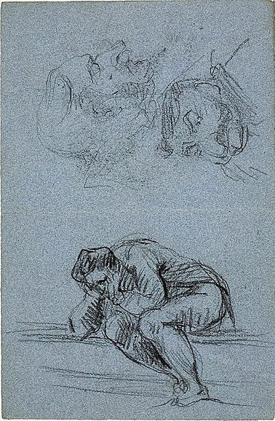 Sitzende Figur mit Kopf in den Händen und zwei Karikaturen (recto); Vier Figuren in einer Lunette (verso) von Jean Baptiste Carpeaux