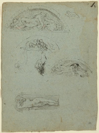 Stehende Figur in einer Nische und Studien für die Ugolino-Gruppe (recto); Rotgewandeter Prälat in einer Menschenmenge (verso) von Jean Baptiste Carpeaux