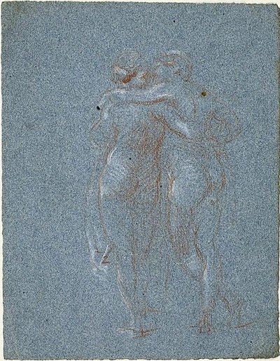 Zwei stehende Figuren, sich umarmend (recto); Mann mit Sense und Skizzen von Gebäuden (verso) von Jean Baptiste Carpeaux