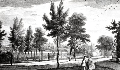 Ansicht der Elysischen Felder von der Quelle des Helikon, Stowe House Gardens, gestochen von George Bickham, 1753 von Jean Baptiste Claude Chatelain