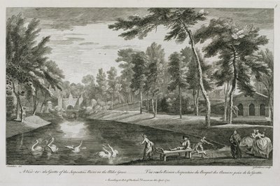 Ein Blick auf die Grotte des Serpentine River im Erlenhain von Stowe, 1753, graviert von George Bickham von Jean Baptiste Claude Chatelain