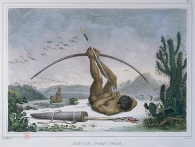 Cabocle-Indianer, der Vögel mit Pfeil und Bogen jagt, aus Voyage Pittoresque et Historique au Bresil, veröffentlicht 1839 von Jean Baptiste Debret