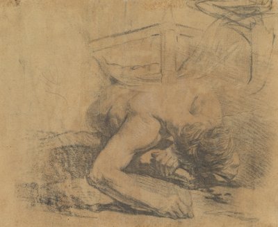 Mann, der auf dem Boden liegt und die Ecke eines Bettes von Jean Baptiste Deshays