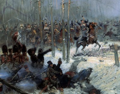 Russlandfeldzug 1812: „Angriff des 7. Schlachtschiffs von Oberst Dubois bei der Beresina am 28.11.1812 in Russland“ (Detail) von Jean Baptiste Edouard Detaille