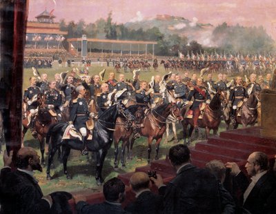 Die Verteilung der Flaggen in Longchamp durch Präsident Jules Grevy in Anwesenheit von Leon Gambetta am 14. Juli von Jean Baptiste Edouard Detaille