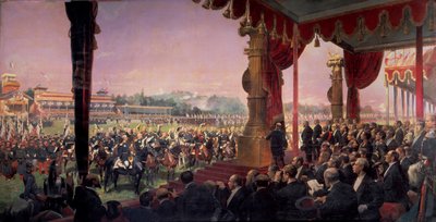 Die Verteilung der Fahnen in Longchamp durch Präsident Jules Grévy am 14. Juli 1880 von Jean Baptiste Edouard Detaille
