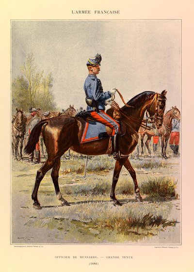 Typen und Uniformen der französischen Armee von Hauptmann Jules Richard, illustriert von Edouard Detaille: Offizier der Husaren in großer Uniform 1886, Private Sammlung von Jean Baptiste Edouard Detaille