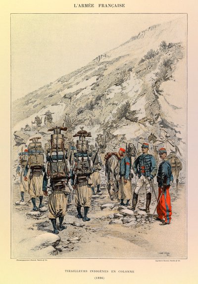 Typen und Uniformen der französischen Armee von Hauptmann Jules Richard, illustriert von Edouard Detaille (1848-1912): Indigene Tirailleurs in Kolonne im Jahr 1886, Private Sammlung von Jean Baptiste Edouard Detaille