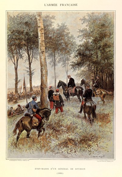Typen und Uniformen der französischen Armee von Hauptmann Jules Richard, illustriert von Edouard Detaille (1848-1912): Stab eines Divisionsgenerals im Jahr 1884, Private Sammlung von Jean Baptiste Edouard Detaille