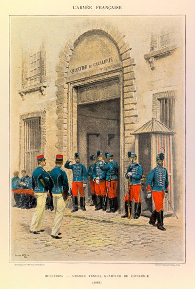 Typen und Uniformen der französischen Armee von Hauptmann Jules Richard, illustriert von Edouard Detaille: Husaren in großer Uniform; Kavalleriedistrikt 1886 von Jean Baptiste Edouard Detaille