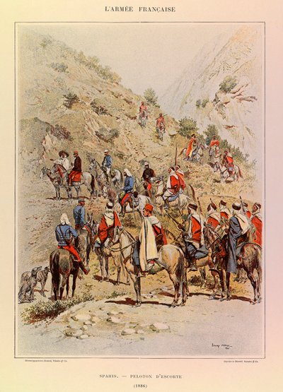 Typen und Uniformen der französischen Armee von Hauptmann Jules Richard, illustriert von Edouard Detaille: Spahis; Eskortzug 1886 von Jean Baptiste Edouard Detaille