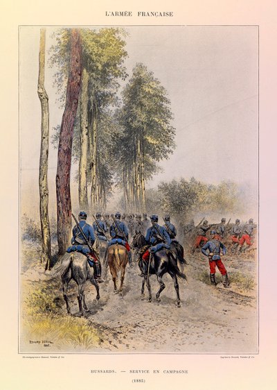 Typen und Uniformen der französischen Armee von Hauptmann Jules Richard, illustriert von Edouard Detaille: Husaren; Felddienst 1885 von Jean Baptiste Edouard Detaille