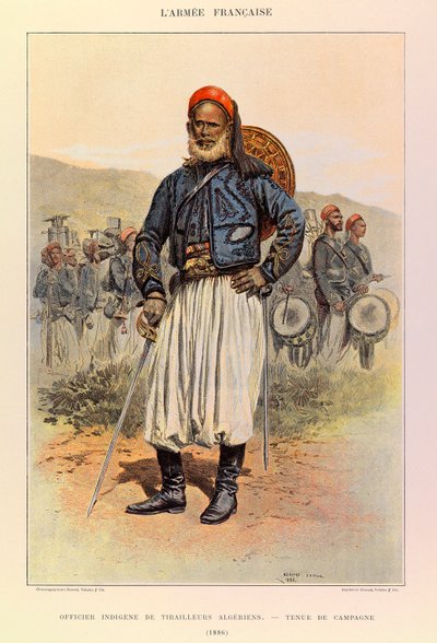 Typen und Uniformen der französischen Armee von Hauptmann Jules Richard, illustriert von Edouard Detaille (1848-1912): Einheimischer Offizier der algerischen Tuniors in Felduniform im Jahr 1886, Privatbesitz von Jean Baptiste Edouard Detaille